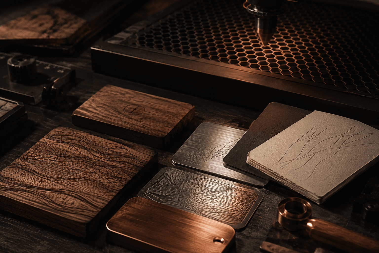 Concept image of a material study: wood grain, parchment fibers, and copper edges.