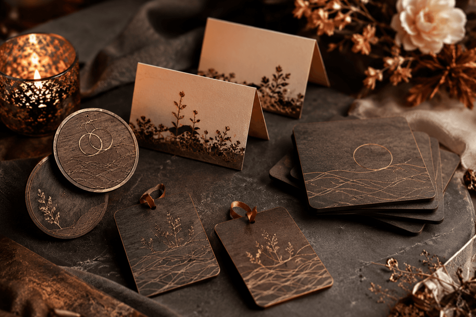 Example image of ceremony details: engraved tokens and intimate table elements in warm light.