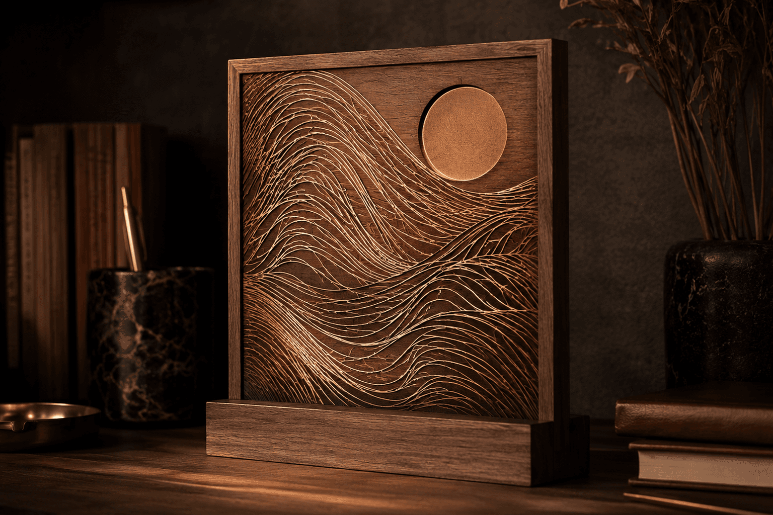 Example image of a decorative home object: a framed piece with copper accents and calm lighting.