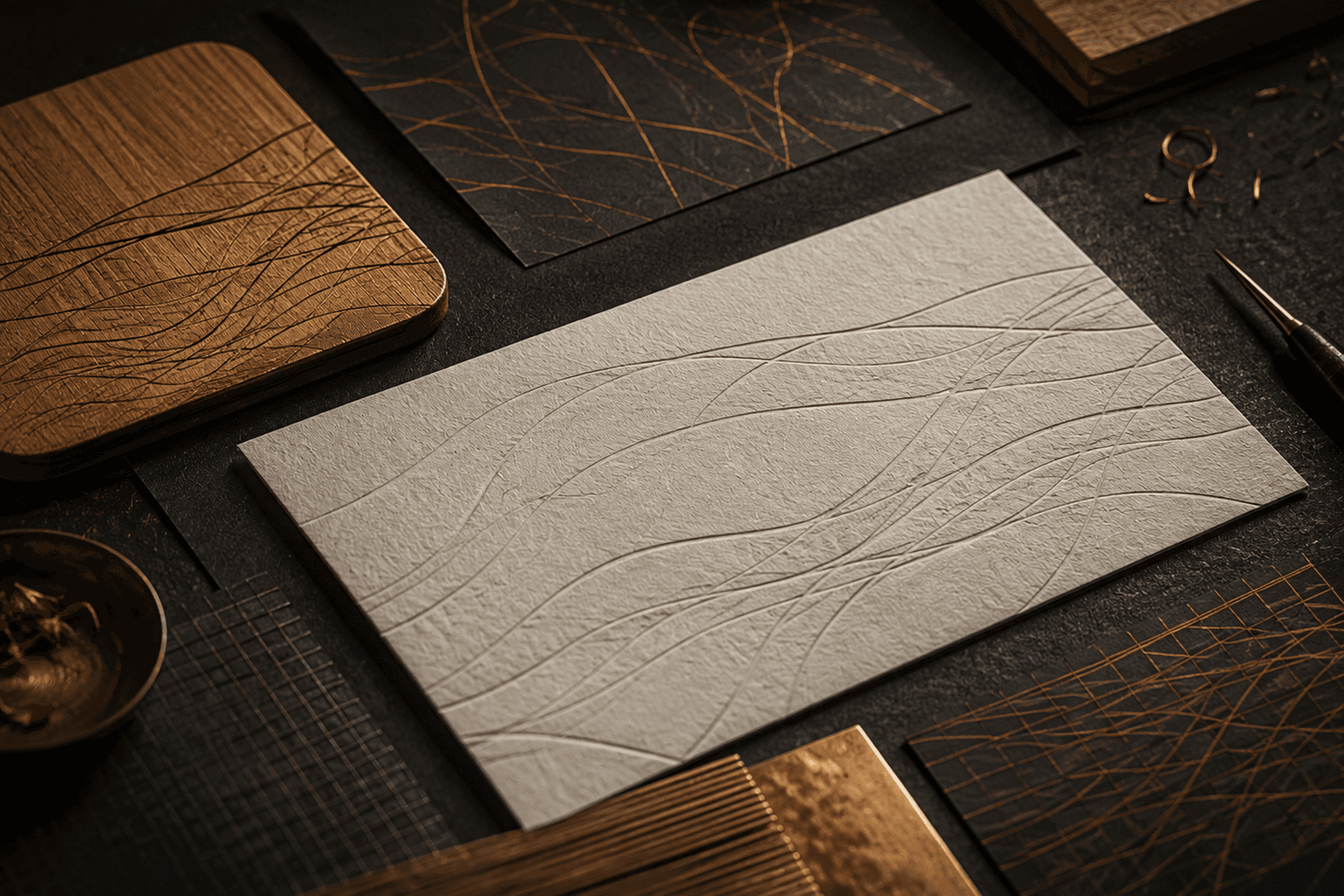 Example image of branded details for local businesses: tactile surfaces and engraving-ready materials.