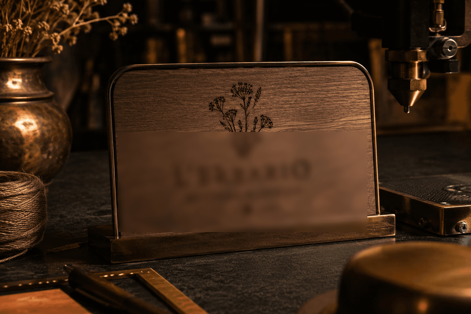 Example image of a boutique sign: wood and metal on a workbench, studio mood.