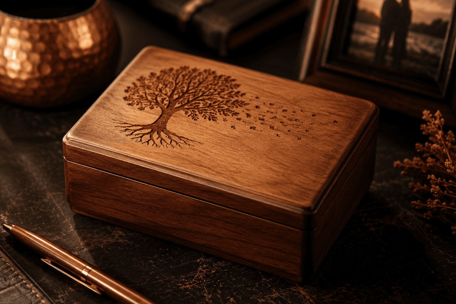 Example image of a symbolic gift box: refined wood, careful edges, and quiet presence.